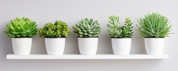 A minimalist display of various green succulents in white pots, arranged neatly on a simple shelf against a light wall.