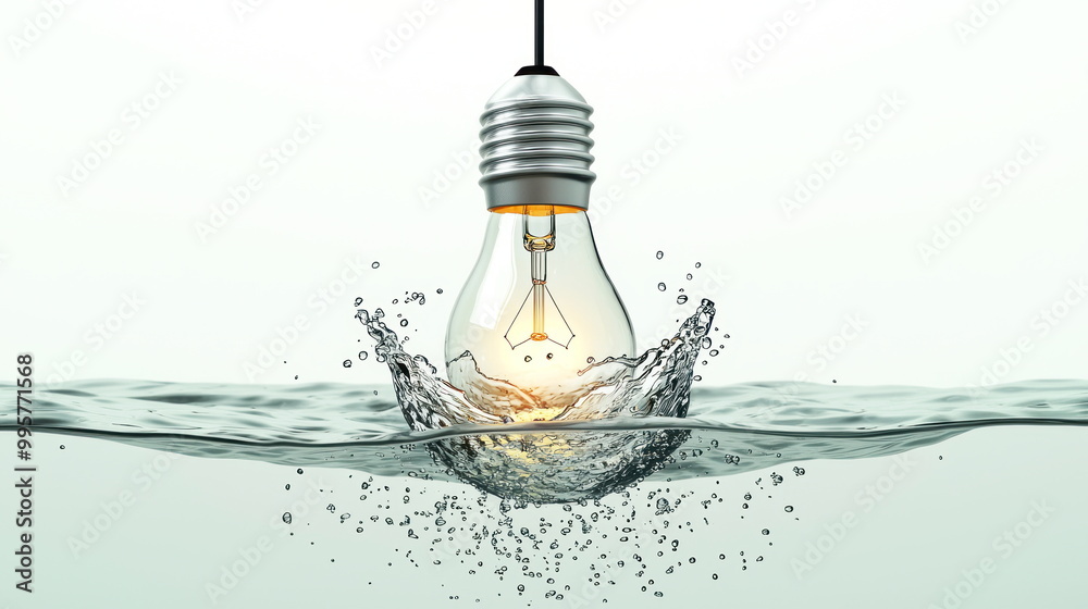 Poster light bulb submerged in water, glowing, creating a splash effect, symbolizing ideas emerging from ch