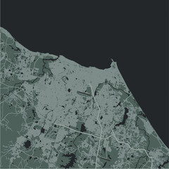 Map of Fortaleza in Brazil in a smooth dark style. Contains layered vector with roads water, parks, etc.