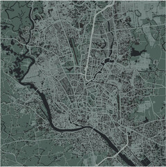 Map of Dhaka in Bangladesh in a smooth dark style. Contains layered vector with roads water, parks, etc.