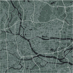 Map of Guangzhou in China in a smooth dark style. Contains layered vector with roads water, parks, etc.