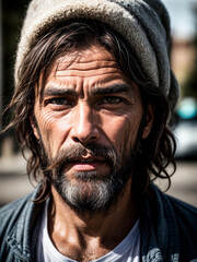 Poignant facial portrait of urban homeless individual, highlighting societal issues and human resilience.