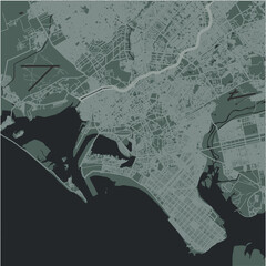 Map of Karachi in Pakistan in a smooth dark style. Contains layered vector with roads water, parks, etc.