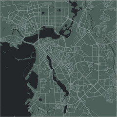 Map of Kazan in Russia in a smooth dark style. Contains layered vector with roads water, parks, etc.