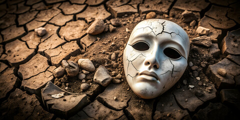 Cracked Mask in Arid Wasteland: A white porcelain mask with cracks, lying on the parched earth. It's a haunting image of fragility, vulnerability, and the passage of time.
