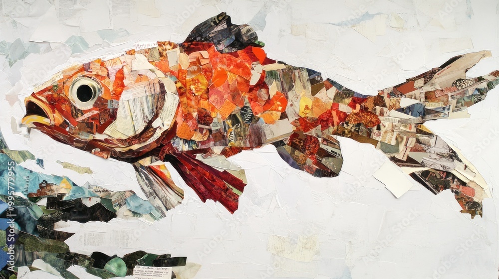 Wall mural Collage Artwork of a Fish Constructed from Paper Fragments