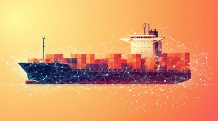 Obraz premium Cargo Ship, Shipping Containers, Connected Dots, Global Logistics, Transportation Network.