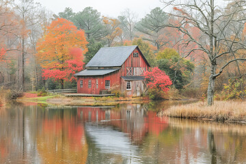 Fototapeta premium Red barn reflecting in pond during peak autumn season