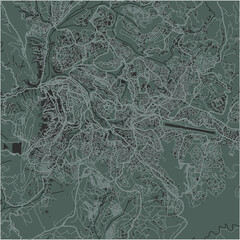 Map of Kigali in Rwanda in a smooth dark style. Contains layered vector with roads water, parks, etc.