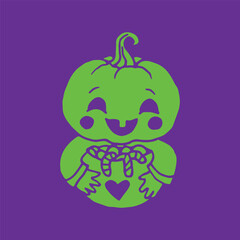 Baby Jack-O-Lantern Pumpkin Head with candy illustration for Halloween green on purple background