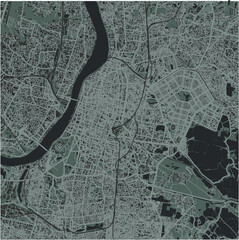 Map of Kolkata (Calcutta) in India in a smooth dark style. Contains layered vector with roads water, parks, etc.