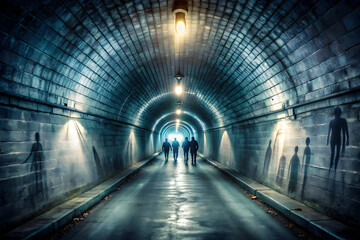 Shadows in the Tunnel: A group of four figures walk into the unknown, their silhouettes cast against the eerie, dark, and damp walls of a tunnel, illuminated by a single, distant light.