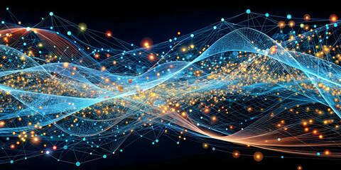 Digital Flow: Abstract, vibrant, and dynamic illustration depicting a mesmerizing flow of data, connectivity, and digital information. The futuristic design is composed of glowing lines.