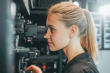 Scientist woman working with microscope in laboratory doing research