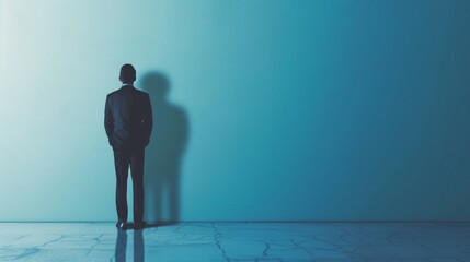 Fototapeta premium Businessman Standing Alone Against Blue Wall, Symbolizing Isolation and Contemplation in Corporate Life