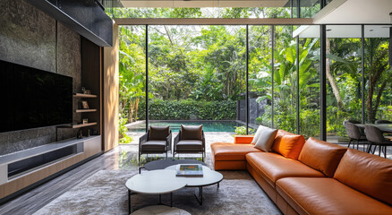 Fototapeta premium Modern home interior with large glass windows, showcasing an orange leather sofa and coffee table in front of the window.