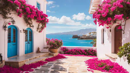 A whitewashed alleyway with vibrant pink bougainvillea, blue doors, and a view of the ocean.