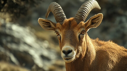 A brown ibex with long, curved horns stares intently at the camera, its coat blending with the rocky background.