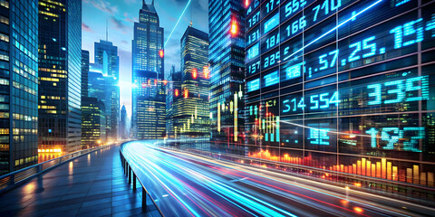 Fototapeta premium Global Finance at Night: Dynamic cityscape at night showcasing vibrant stock market data displayed on buildings, emphasizing the fast-paced world of global finance.