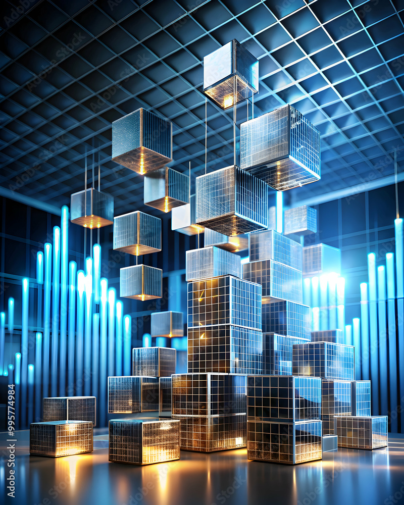 Poster data architecture: a futuristic abstract representation of data architecture with glowing cubes and 