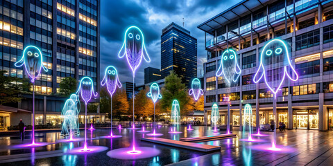 Enchanted City: Neon Ghost Lights Dance in Urban Oasis 