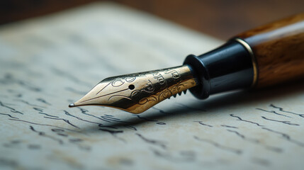 close up of vintage fountain pen resting on handwritten letter, showcasing intricate details of pens nib and elegant script on paper. scene evokes sense of nostalgia and artistry