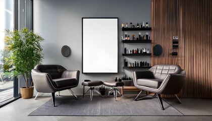 Stylish home living room interior with armchairs and tv screen, panoramic window
