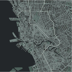 Map of Manila in Philippines in a smooth dark style. Contains layered vector with roads water, parks, etc.