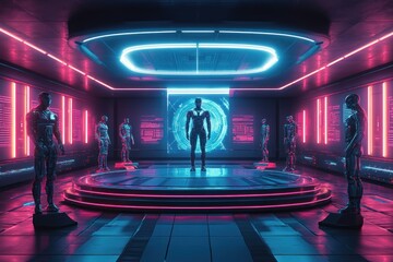 Futuristic Room with Neon Lights and Humanoid Robots