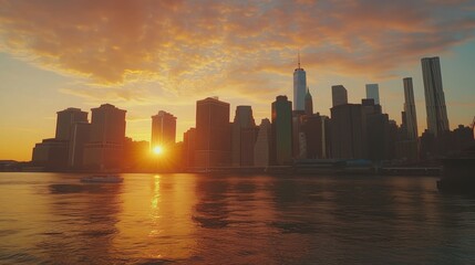 Obraz premium The NYC skyline glows at sunset, reflecting vibrant colors on skyscrapers and the East River.