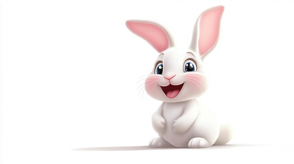 A cute, white cartoon bunny rabbit with pink ears and blue eyes smiles at the camera.