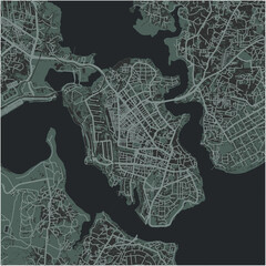 Map of Mombasa in Kenya in a smooth dark style. Contains layered vector with roads water, parks, etc.
