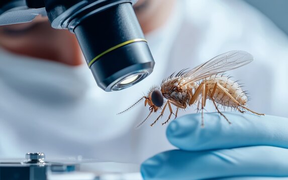 A scientist measuring genetic mutations in fruit flies under a stereomicroscope