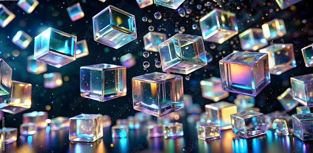 Fototapete  iridescent Cubes Dance: Abstract 3D render of vibrant, iridescent cubes floating and reflecting light in a dark, dynamic space.  A mesmerizing display of color and form.