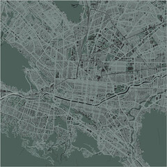 Map of Monterrey in Mexico in a smooth dark style. Contains layered vector with roads water, parks, etc.