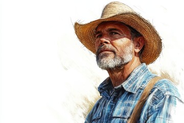 Fototapeta premium Portrait of a mature farmer wearing a straw hat, looking thoughtfully into the distance.