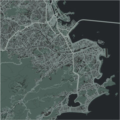 Map of Rio de Janeiro in Brazil in a smooth dark style. Contains layered vector with roads water, parks, etc.
