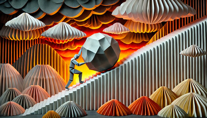 Origami Sisyphus Pushing Boulder Uphill at Sunset – Paper Art Depicting Perseverance and Struggle with Fiery Orange Sky, Folded Paper Clouds, and Layered Paper Mountains