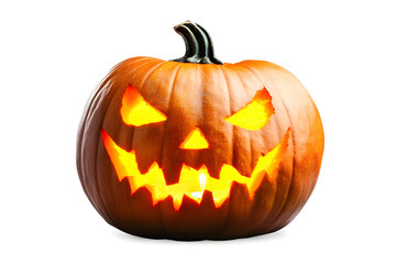 A single lit spooky halloween pumpkins, Jack O Lantern with evil face and eyes isolated against a transparent background.