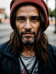 Poignant facial portrait of urban homeless individual, highlighting societal issues and human resilience.