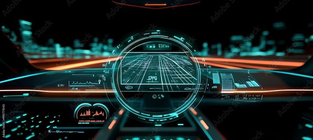 Poster a holographic car dashboard displaying navigation and speed data