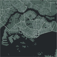 Map of Singapore in Singapore in a smooth dark style. Contains layered vector with roads water, parks, etc.