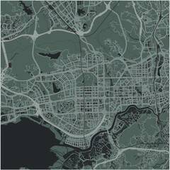Map of Shenzhen in China in a smooth dark style. Contains layered vector with roads water, parks, etc.
