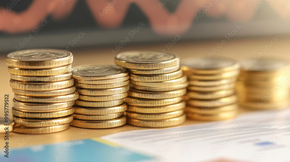 Wall mural stacked coins representing investment growth and financial planning, with charts in background illus