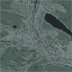 Map of Tbilisi in Georgia in a smooth dark style. Contains layered vector with roads water, parks, etc.