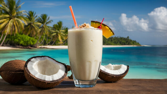 Tropical Pina Colada Paradise: Creamy coconut cocktail on a pristine beach with palm trees. Perfect for summer vacation themes 