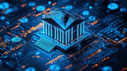 Obraz premium image depicts digital representation of bank building integrated with circuit board, symbolizing growth of banking sector in digital age
