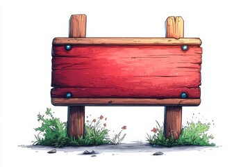 Red wooden sign with grass at the base, isolated on white background.