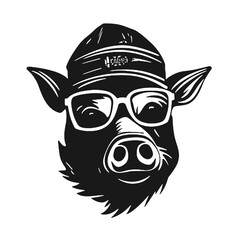 A black and white funny pig with glasses and a hip hop cap. Vector illustration.