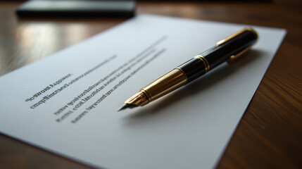 elegant pen rests on crisp sheet of paper, symbolizing importance of agreements and contracts. This image captures essence of professionalism and commitment